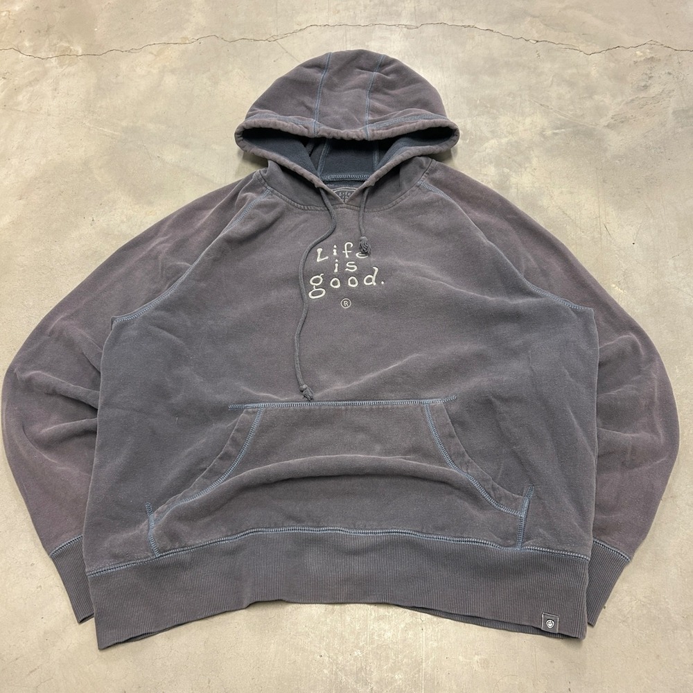 Life is Good Mens Large Gray Embroidered Logo Raglan Pullover Hoodie J181